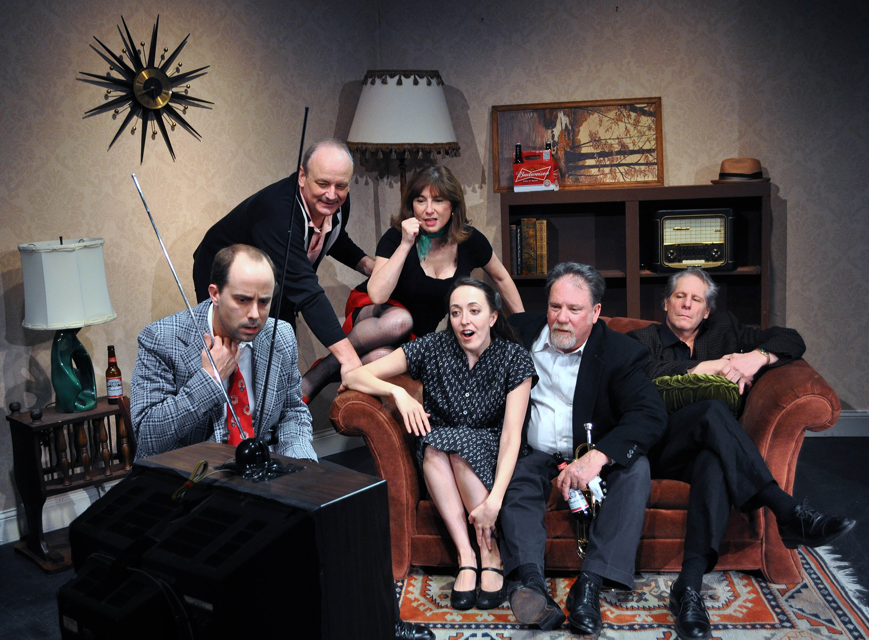 Image: L to R Bobby Welsh as Jonesy, Craig Geoffrion as Ziggy, Tina Thronson as Patsy, Andra Whitt as Terry, John Coscia as Gene, and David James as Al in the Providence Players Production of Side Man.