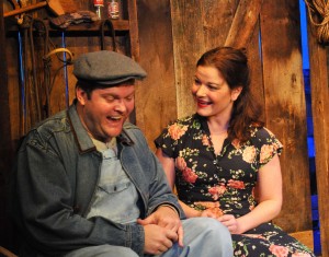 Kyle Keene as Lennie and Julie Janson as Curley's Wife in Providence Players' "Of Mice and Men" Photo by Chip Gertzog