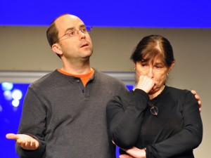 Bobby Welsh (Trip) and Tina Thronson (Polly) in rehearsal for the Providence Players Production of "Other Desert Cities" Photto by Chip Gertzog Providence Players