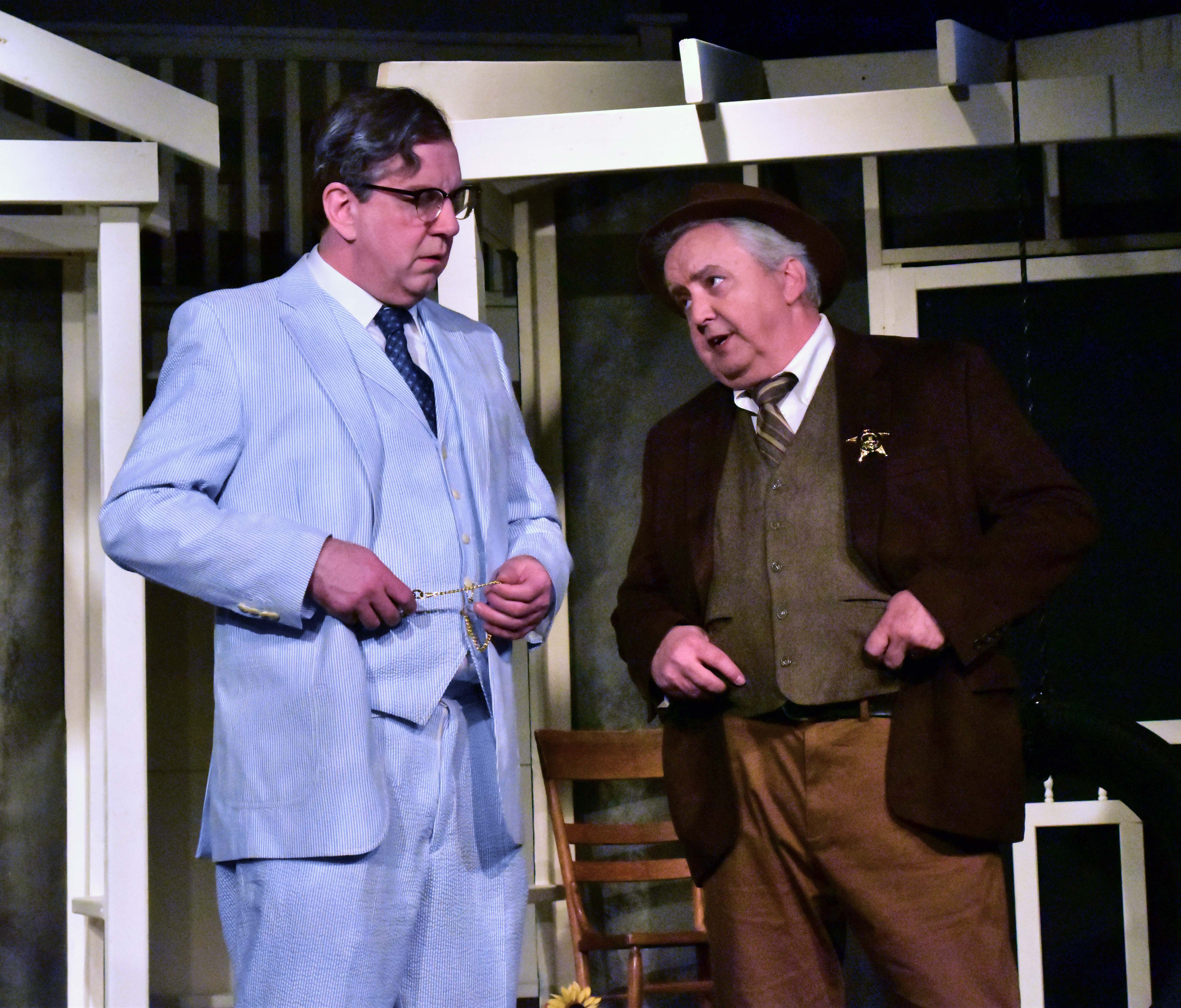 Robert Heinly as Atticus Finch and Bob Thompson as Sherriff Heck Tate in To Kill a Mockingbird Photo By Chip Gertzog Providence Players