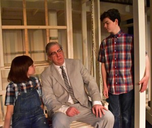 Sophia Manicone as Scout with Rob Heinly as Atticus and Brendan Dure as Jem