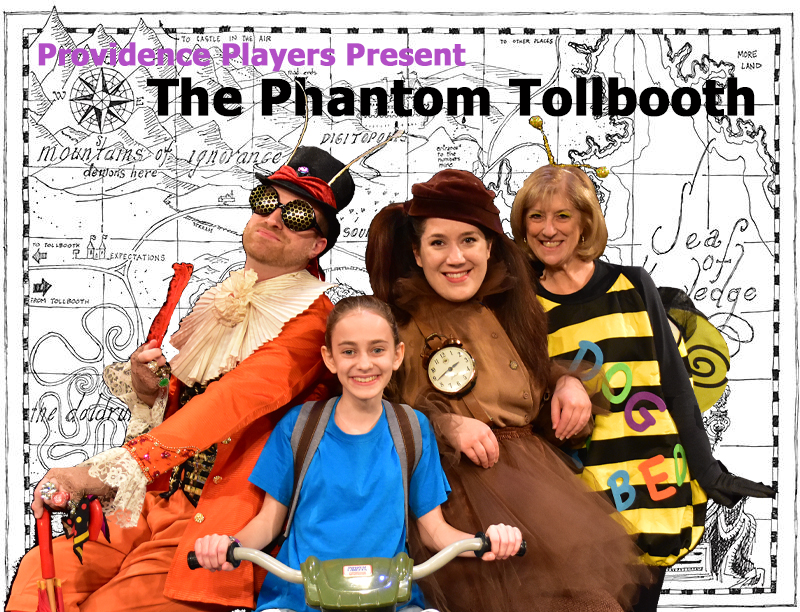  Derek Bradley as The Humbug, Talia Cutler as Milo, Amanda Ranowsky as Tock and Susan Kaplan as the Spelling Bee in the Providence Players production of The Phantom Tollbooth. Photo by Chip Gertzog, Providence Players